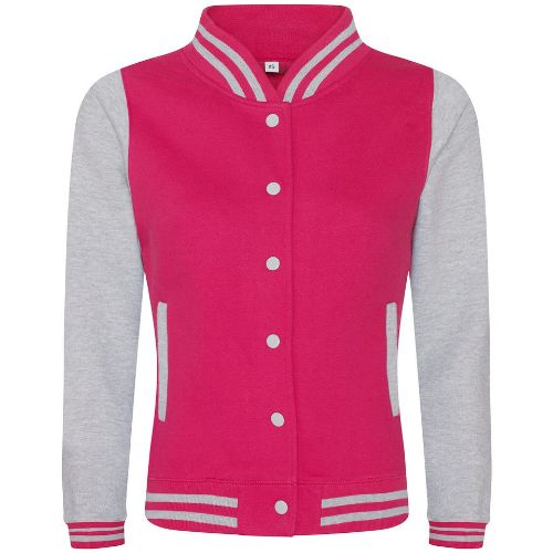 Awdis Just Hoods Women's Varsity Jacket Hot Pink/Heather Grey